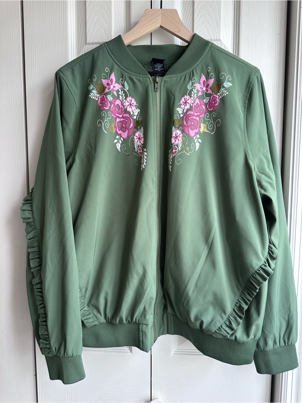 Torrid Disney Princess Bomber Jacket Olive Green with Pink Floral Embellishment
